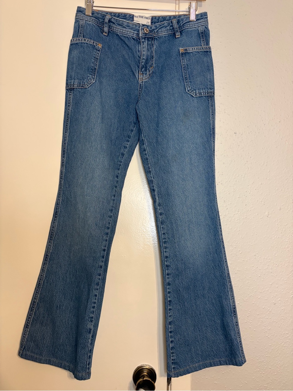We The Free Medium Blue Flare Jeans with Front Patch Pockets
